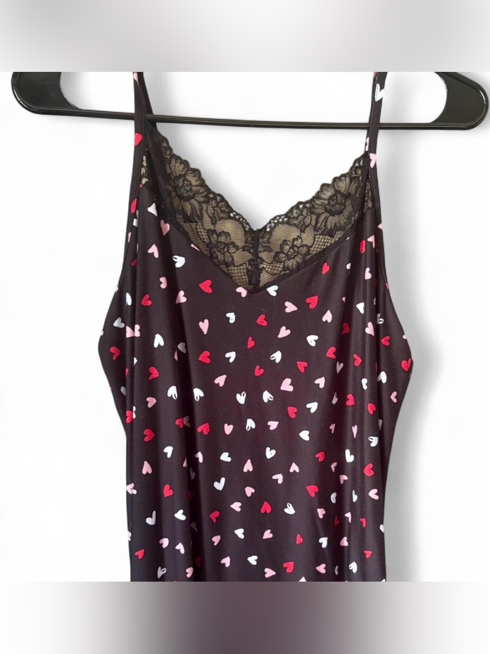 Lace Trim Heart-Print Slip Dress - Black with Pink & Red Hearts